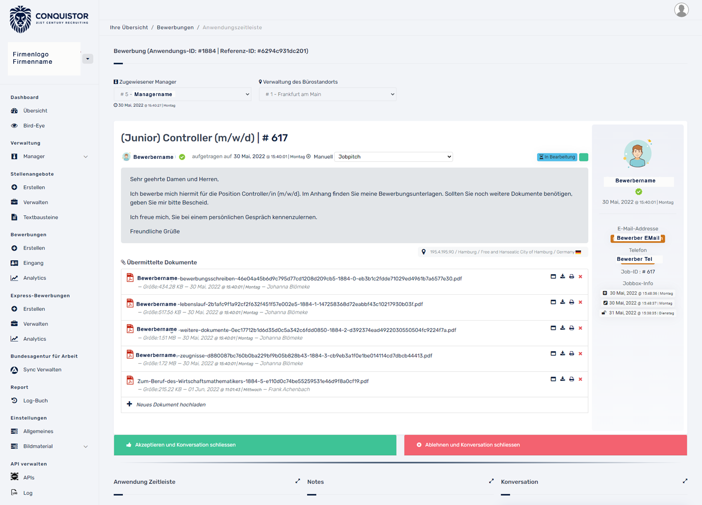 Bewerbung Detail Seite